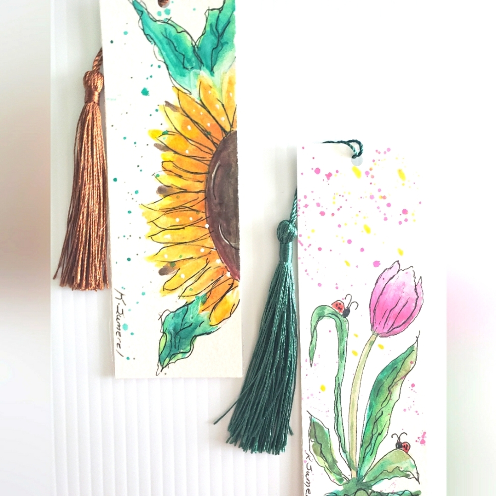 Hand Painted  Floral Bookmarks with Tassels